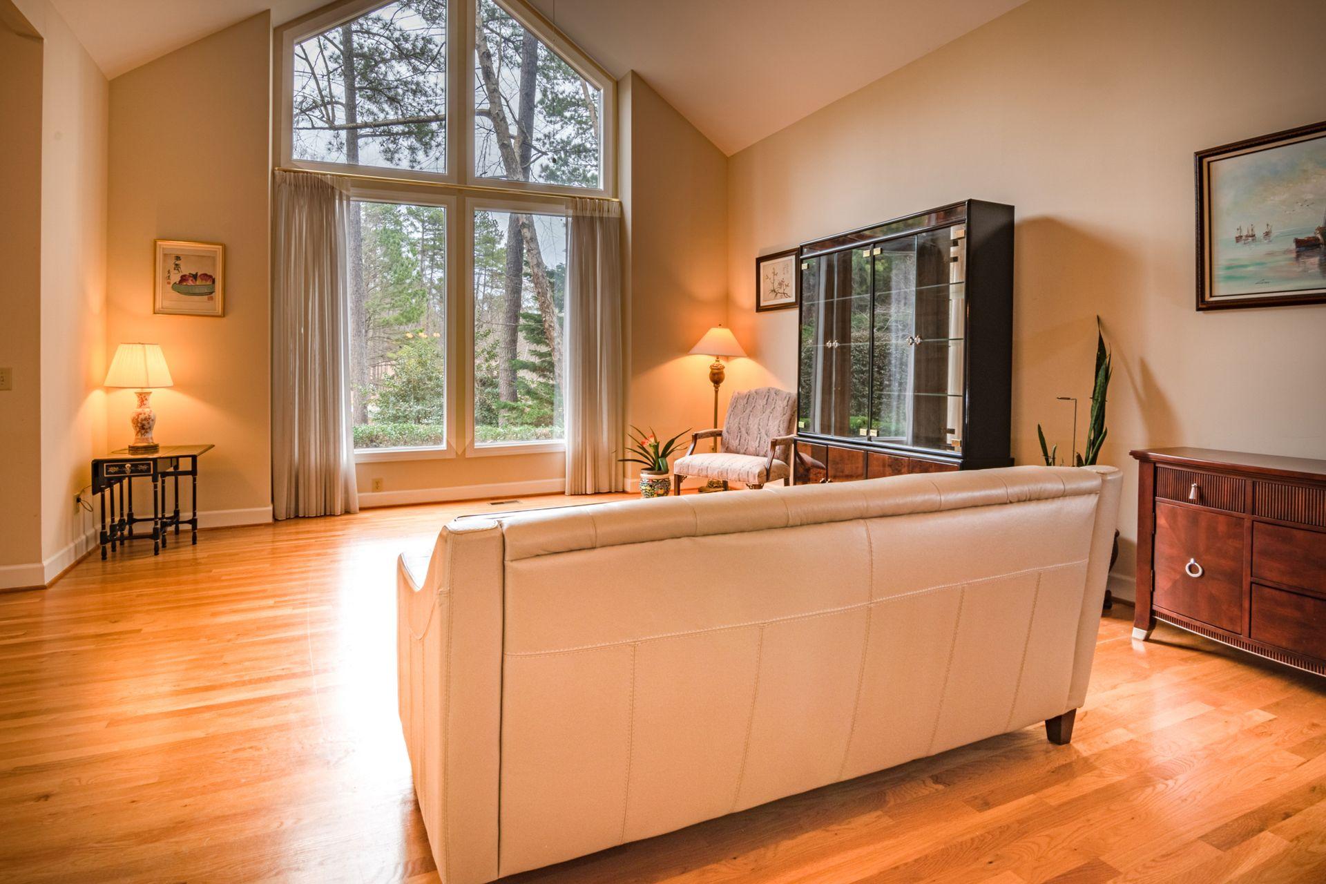 Bright, fully dried and restored living room after professional water damage restoration